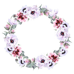 Hand drawn watercolor wreath with picturesque poppy flowers, buds and leaves isolated on a white background. Ideal for creating  invitations, greeting cards. Floral illustration. Botanical composition