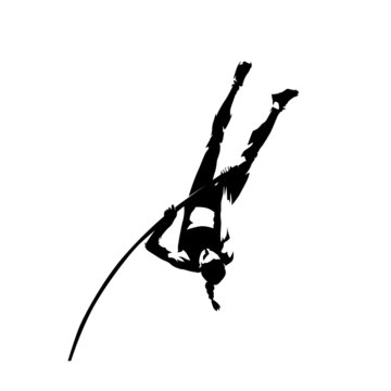 Pole vault, woman athlete, isolated vector silhouette, ink drawing
