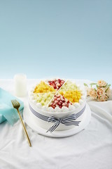 Fruitcake dessert combo that looks bright and delicious.