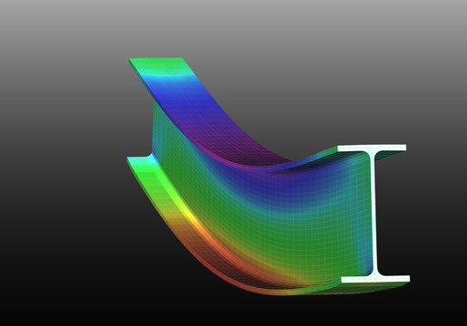 A simple supported I-beam bending under uniform distributed load. Isometric view 3D Illustration of mesh deformation and plot of normal stresses from finite element analysis on grey gradient backround