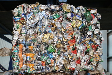 waste treatment packed in bales of aluminum cans close-up