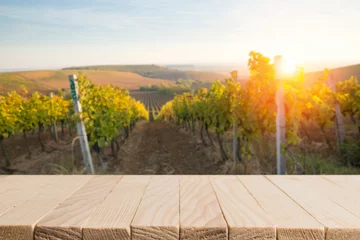 Fotobehang zonnig landschap van wijngaard met groene bladeren en flessen wijn op tafel © kishivan