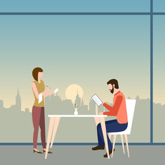 A man makes an order in a cafe or restaurant with panoramic windows on a top floor of a skyscraper with a view of city buildings. Vector illustration of customer, waitress, service and staff.