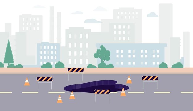 Cityscape with road under construction and road signs, flat vector illustration.