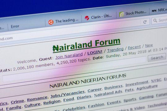 Ryazan, Russia - May 20, 2018: Homepage of Nairaland website on the display of PC, url - Nairaland.com.