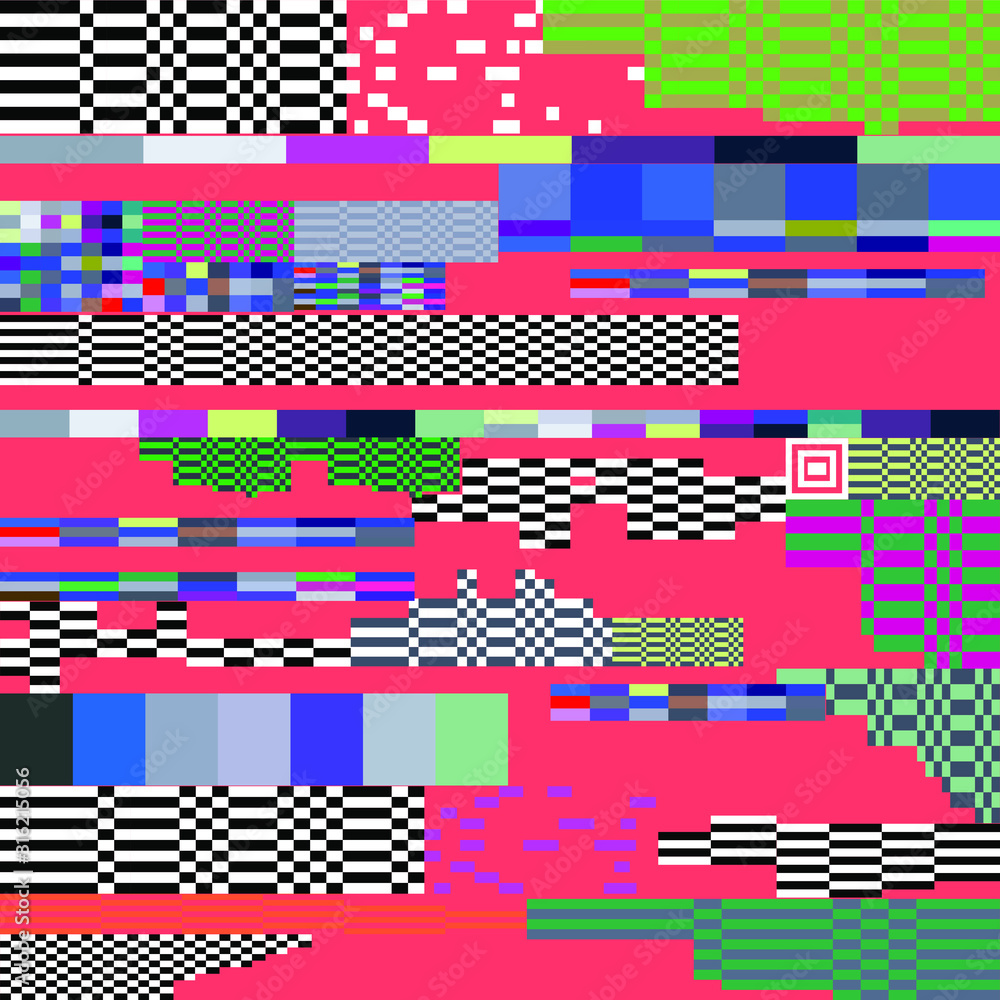Poster Abstract geometric background with glitch art VHS effect of pixel sorting. Mosaic of random colorful pixels like in 8bit video game.