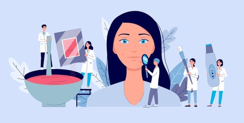 Beauty dermatology procedure with people characters, flat vector illustration.