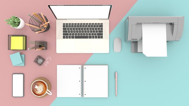 The top view is a simulation of laptops, Printer, Post-It, coffee, cactus, paper, Notebook,Pencil,pen and Smartphone white screen, resting On a Pink and blue pastel  table, illustration, 3D rendering.