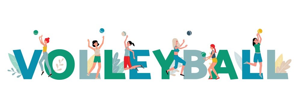 Volleyball banner with cartoon athlete women hitting the ball.