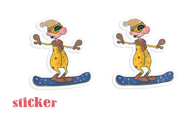 Cartoon funny snowboarder. Vector illustration in the form of a sticker.