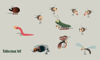 Cartoon insects - spider, worm, bee, butterfly, caterpillar, ladybug, dragonfly. Set of vector illustrations.