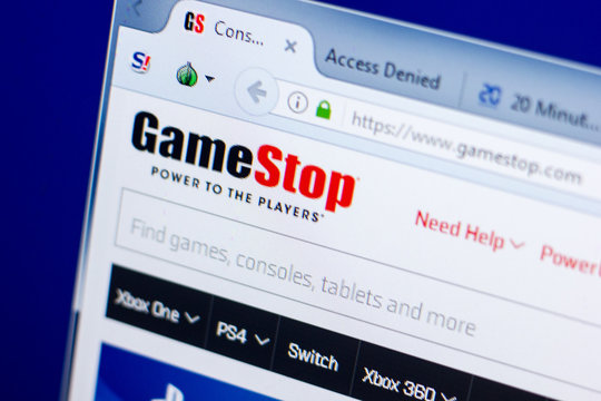 Ryazan, Russia - May 27, 2018: Homepage of GameStop website on the display of PC, url - GameStop.com.