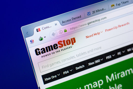 Ryazan, Russia - May 27, 2018: Homepage of GameStop website on the display of PC, url - GameStop.com.