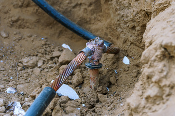 Close up copper electric ground rod.grounded disconnect electrical current that leaks into the...