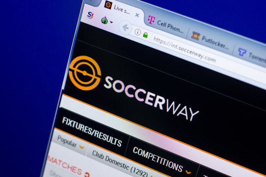 Ryazan, Russia - May 27, 2018: Homepage of SoccerWay website on the display of PC, url - SoccerWay.com.