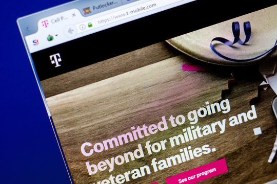 Ryazan, Russia - May 27, 2018: Homepage of T-Mobile website on the display of PC, url - T-Mobile.com.