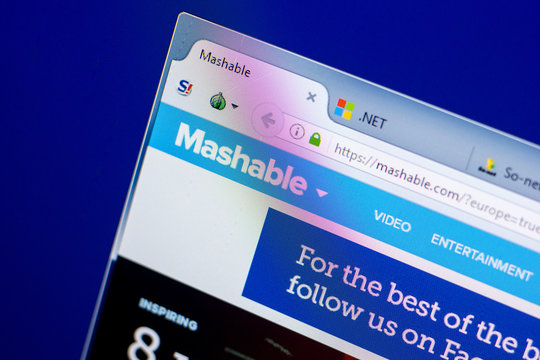 Ryazan, Russia - May 27, 2018: Homepage of Mashable website on the display of PC, url - Mashable.com.