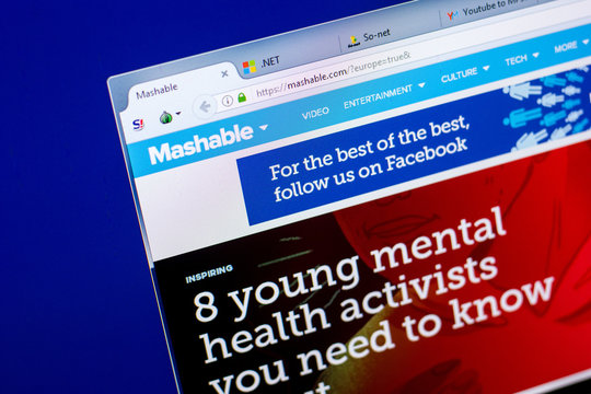 Ryazan, Russia - May 27, 2018: Homepage of Mashable website on the display of PC, url - Mashable.com.
