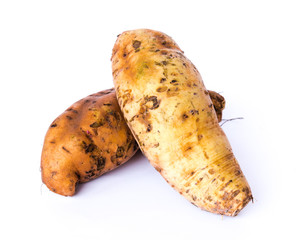 Studio shot two raw Asian sweet potatoes isolated on white