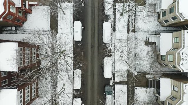 Birds eye view of city street in winter