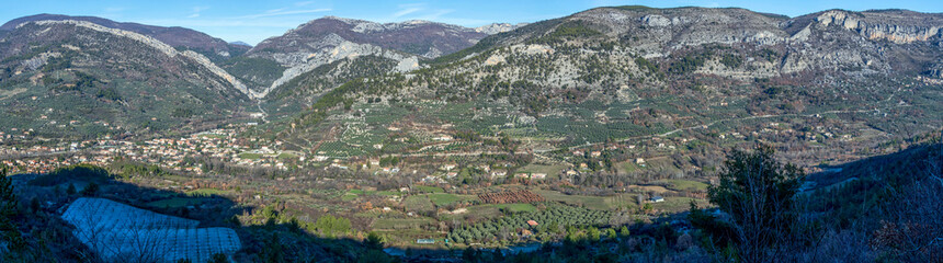 Fototapeta na wymiar Panorama Buis-les-Baronnies is a commune and village in winter, Drome department in southeastern France