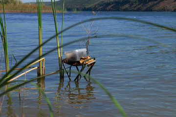  fisherman fishing, landscape of Ukraine, Dniester river