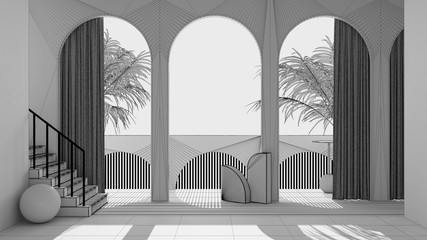 Unfinished project draft, dreamy terrace, over panorama, tropical palm trees, archways, staircase with carpet, classic balustrade, curtain, mirrors and decors, interior design concept