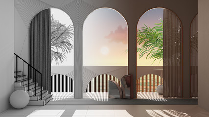 Architect interior designer concept: unfinished project that becomes real, dreamy terrace, over sea sunset or sunrise, palm trees, archways, staircase with carpet, classic balustrade