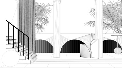 Blueprint project draft, dreamy terrace, over panorama, tropical palm trees, archways, staircase with carpet, classic balustrade, curtains, mirrors and decors, interior design concept