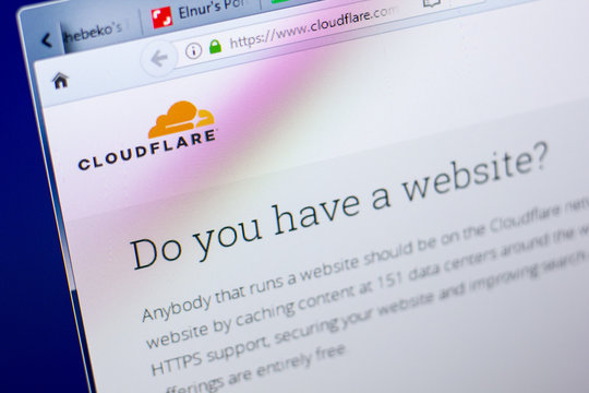 Ryazan, Russia - May 27, 2018: Homepage of CloudFlare website on the display of PC, url - CloudFlare.com.
