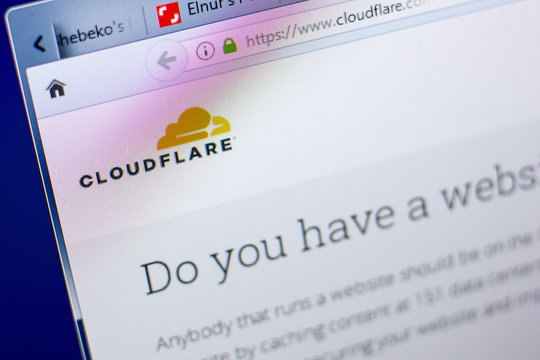 Ryazan, Russia - May 27, 2018: Homepage of CloudFlare website on the display of PC, url - CloudFlare.com.