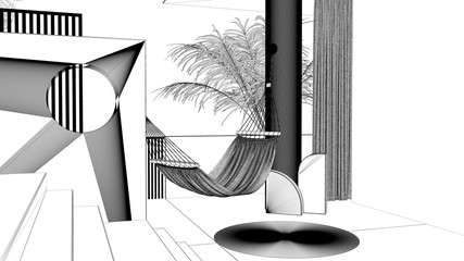 Blueprint project draft, dreamy terrace, over panorama, tropical palm trees, stucco plaster wall, staircase and balustrade, round column and curtain, hammock, interior design