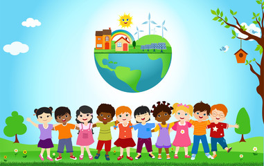 Obraz na płótnie Canvas Group of diverse and multiethnic children embracing each other. Unity for an ecological world with eco and sustainable energy. Globe with solar cell and wind turbines. Save our planet