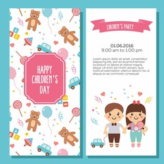 Happy children's day. Lovely card with funny kids and toys pattern. Sweet teddy bear, balloon, bricks, candy, whirligig and car. Perfect for invitations, banners and greeting cards.