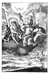 Antique vintage religious engraving or drawing of God, Jesus and angel flying on cloud over the Earth or landscape.Illustration from Book Die Betrubte Und noch Ihrem Beliebten..., Austrian Empire,1716