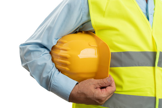 Closeup of helmet held by builder