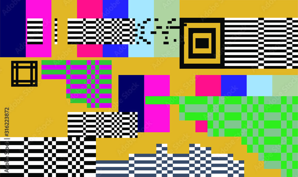 Poster Mosaic of random colorful pixels like in 8-bit video game with glitch art effect. Vaporwave and retrowave style abstract geometric background.
