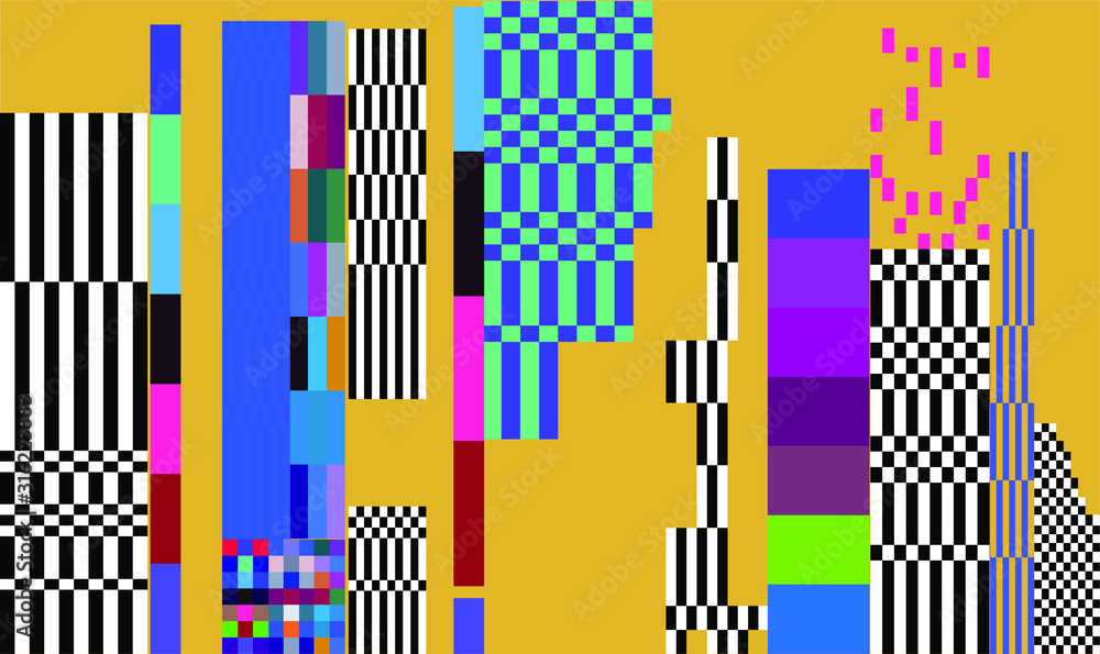 Aufkleber Mosaic of random colorful pixels like in 8-bit video game with glitch art effect. Vaporwave and retrowave style abstract geometric background.