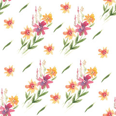 Seamless pattern of watercolor flowers on a white background. Use for wedding invitations, birthdays, menus and decorations