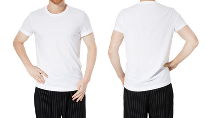 asian man and in white T-shirts isolated on white background, man in blank t shirt mockup copy space