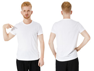 young red head man and in white T-shirts isolated on white background