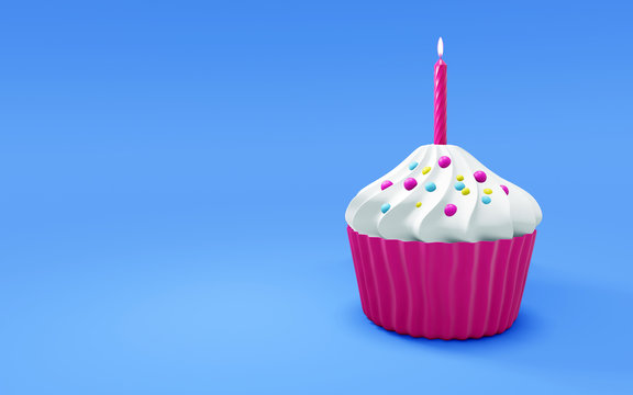 Birthday cupcake with a single candle. 3d render