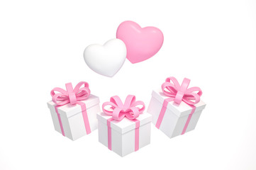 Three white gift box with pink ribbon with double heart floating on white background 3d rendering. 3D illustration surprise love and Valentines Day greeting card template minimal concept.