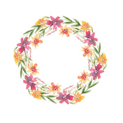 A wreath of watercolor flowers in the form of a circle on a white background. Use for wedding invitations, birthdays, menus and decorations
