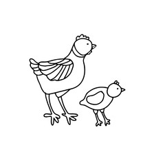 A cute hen and a chick in doodle style. Isolated outline. Hand drawn vector illustration in black ink on white background. Single picture for coloring books.