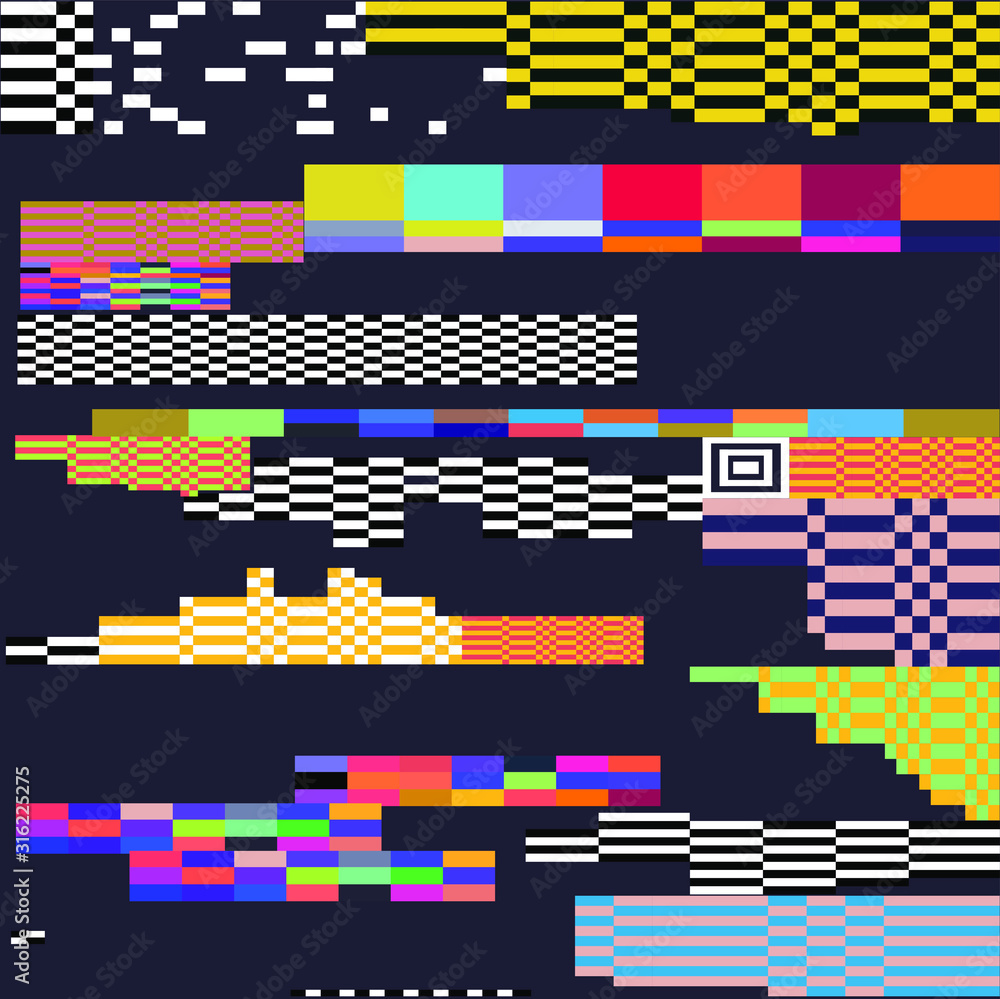 Poster Mosaic of random colorful pixels like in 8-bit video game with glitch art effect. Vaporwave and retrowave style abstract geometric background.