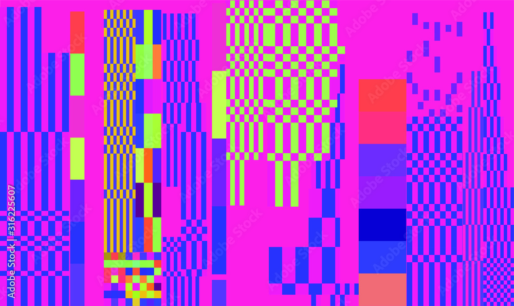 Aufkleber Mosaic of random colorful pixels like in 8-bit video game with glitch art effect. Vaporwave and retrowave style abstract geometric background.