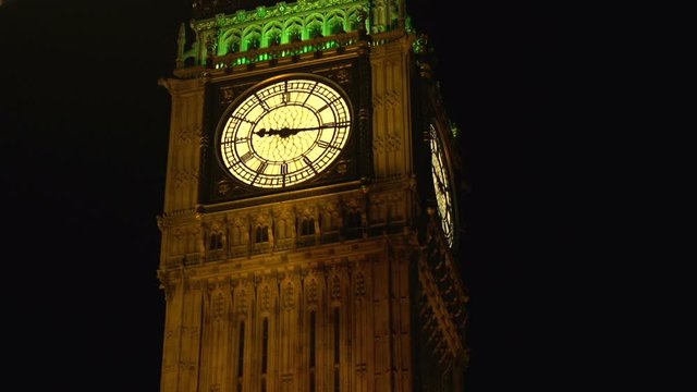 Big Ben in London, UK at night. Dark Sky Behind the Clock Tower in Westminster. Close Up. Tilt up