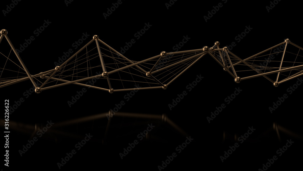 Poster 3d render of abstract golden metallic wireframe structure. plexus. simple background.
