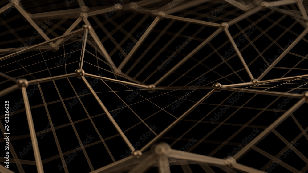 Poster 3d render of abstract golden metallic wireframe structure. plexus. simple background.